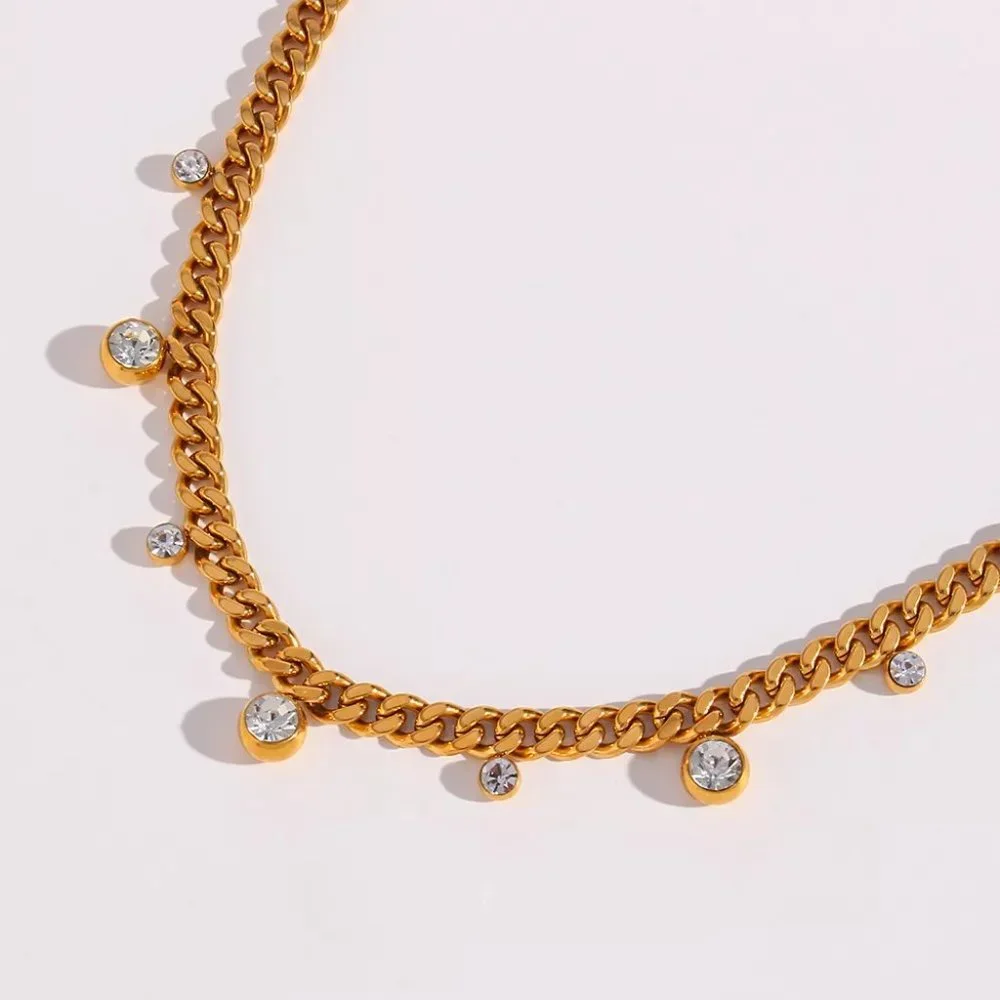 Chunky Cuban Chain Choker Necklace Zircon Charms 18K Gold Plating - Picture 9 of 9